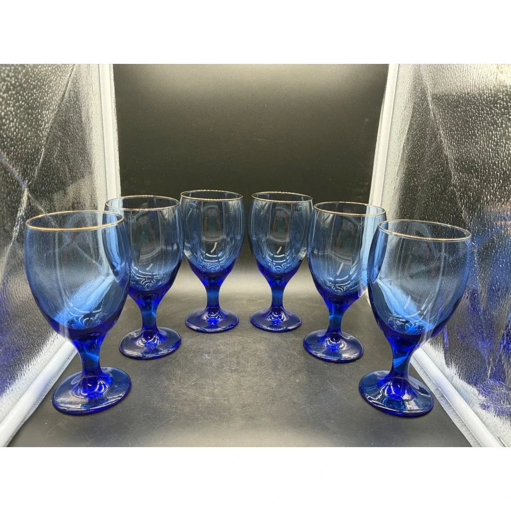 Vintage Cobalt Blue Gold Rim Stemmed Water Goblets Wine Glasses Set of 6